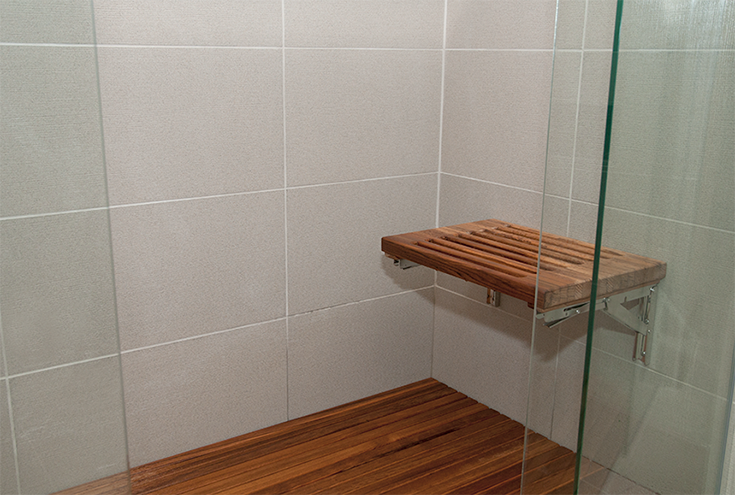 Idea 10 teak fold down seat and teak floor credit www.teakworks4u.com | Innovate Building Solutions | #FoldDownSeat #ShowerSeat #Bathroomremodel