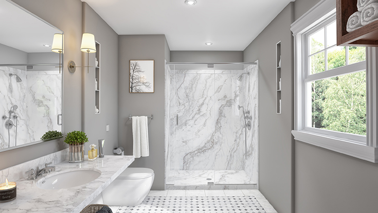 Idea 3 option 2 PVC white marble wall panels in a 60 x 32 alcove shower surround | Innovate Building Solutions | #PVCComposite #Sentrel #WallPanels #WhiteMarble