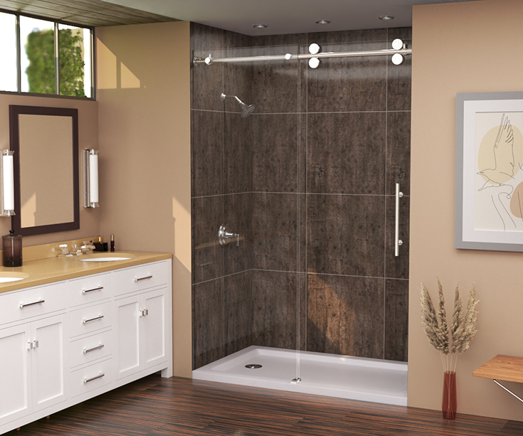 Idea 5 rough wood laminate shower wall panels in an alcove 60 x 32 shower | Innovate Building Solutions #RoughWood #LaminateWallpanels #BathroomRemodel