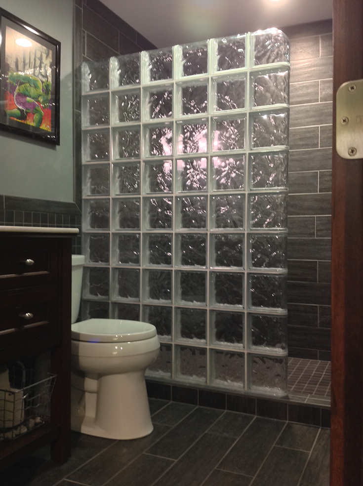 Shape 3 glass block finished end blocks in a columbus ohio shower | Innovate Building Solutions #Glassblock #ShowerWall #BasementBathroom