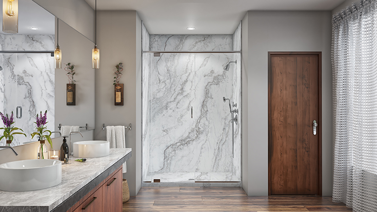 Quality 5 slab looking white marble pattern shower wall panels | Innovate Building Solutions #MarblePan #ShowerBase #MarbleSHower