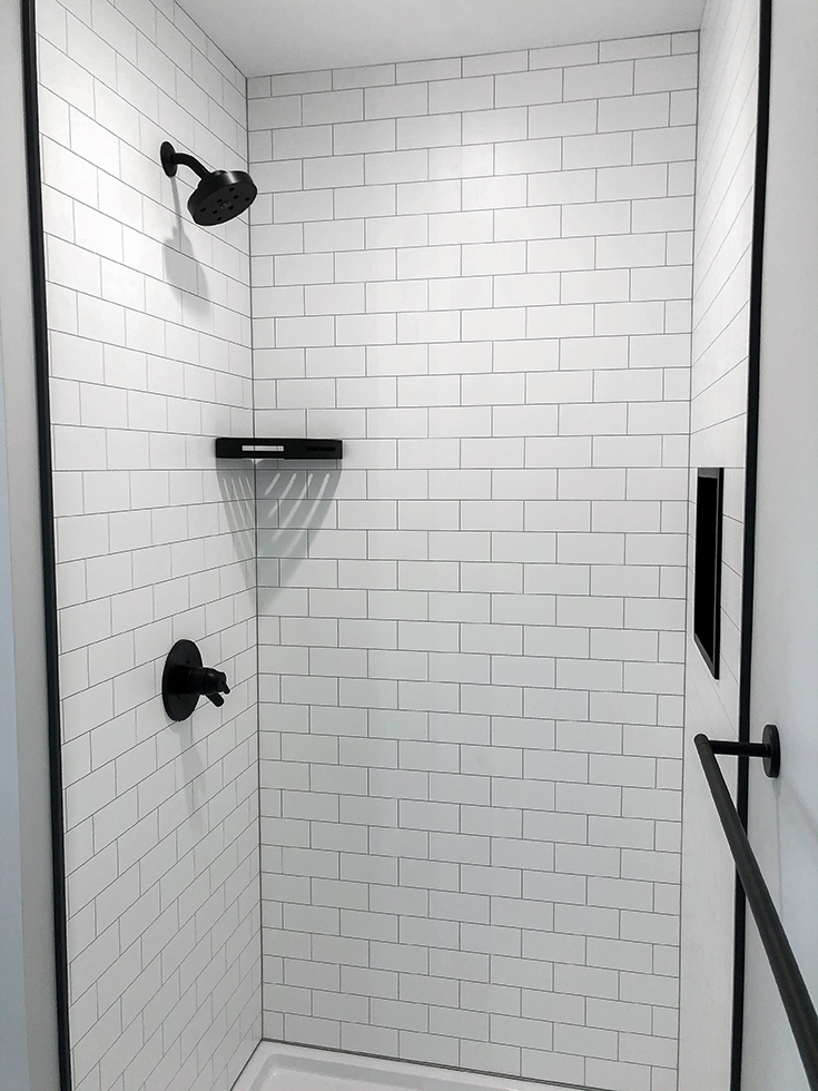 Quality 6 - White Subway Tile laminate shower panels with matte black profile (4)-2 | Innovate Building Solutions #WhiteSubway #SubwayTile #ShowerWallPanels