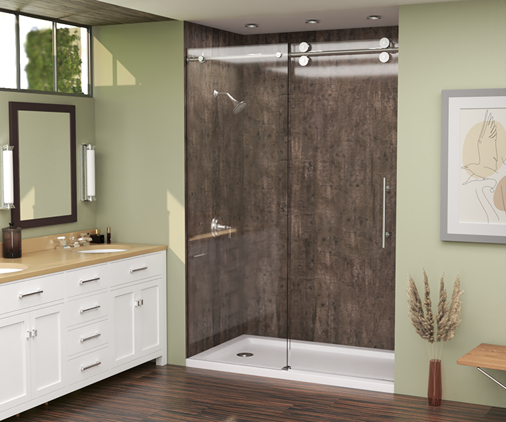 Quality 8 rough wood laminate shower wall panels in a standard shower | Innovate Building Solutions #RoughWood #LaminateWallPanels #ShowerRemodel