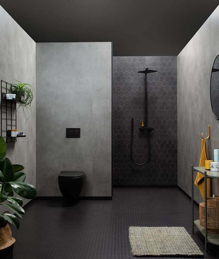 Idea 10 stylish black hexagon laminate shower wall panels Innovate Building Solutions #HexagonTile #TilePattern #Showerwall #Wallpanels