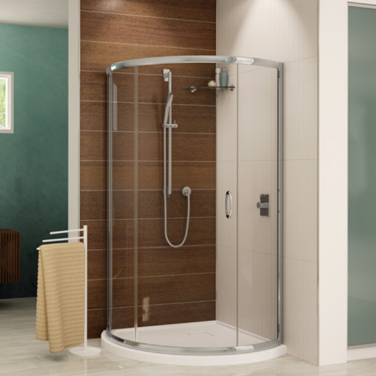 Idea 11 point 1 low profile acrylic shower pan with a curved sliding glass door Innovate Building Solutions #Bathroom #GlassDoor #CurvedGlassDoor #CornerShower