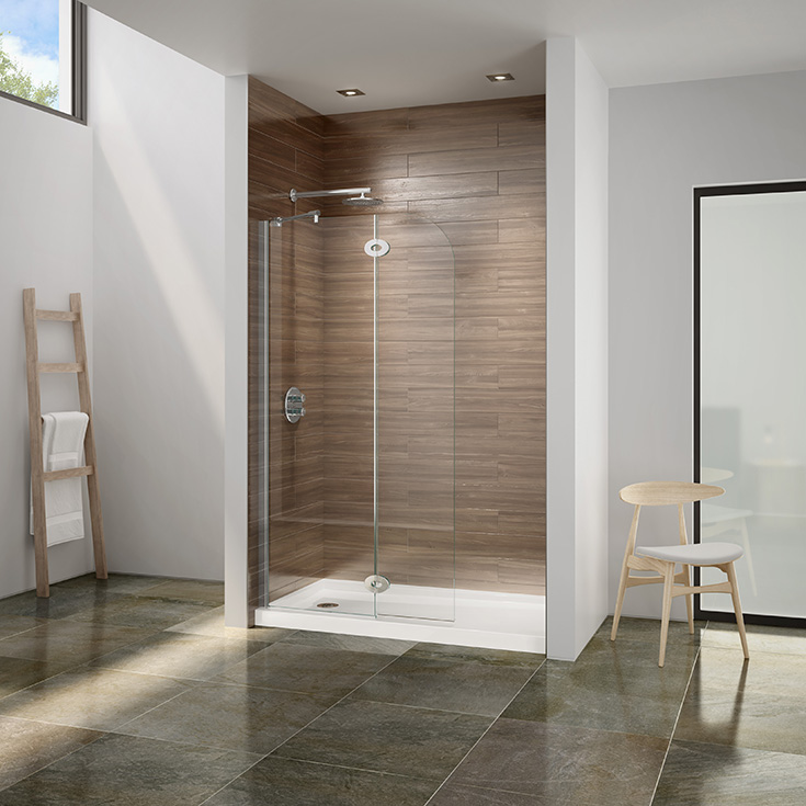Idea 12 pivoting shower screen for a walk in shower in a 60 inch space - Innovate Building Solutions #Bathroomremodel #PivotShower #ShowerDoor #GlassEnclosure