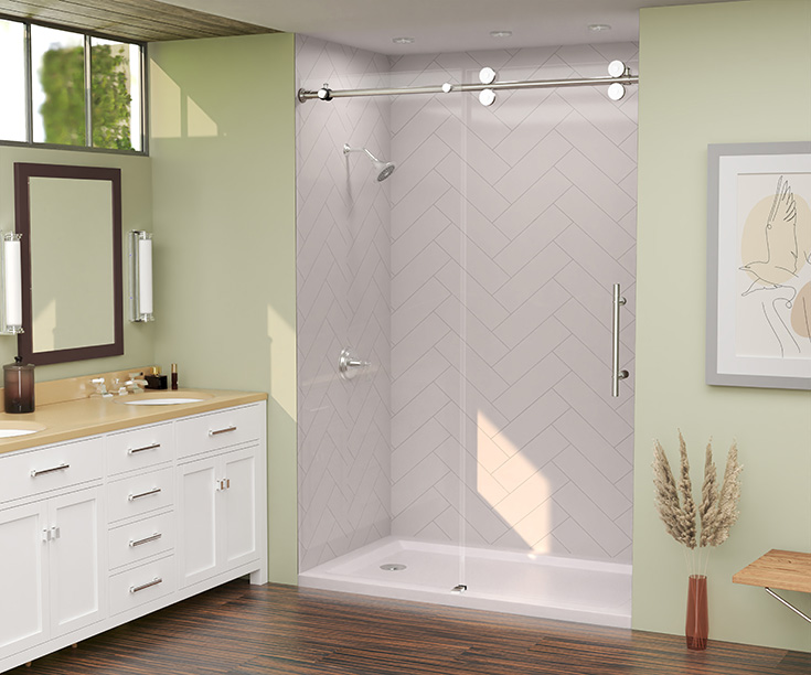 Idea 2 white herringbone laminate shower wall panels Innovate Building Solutions #Bathroomremodel #HerringbonePattern #BathroomWallpanels #TIleWalls