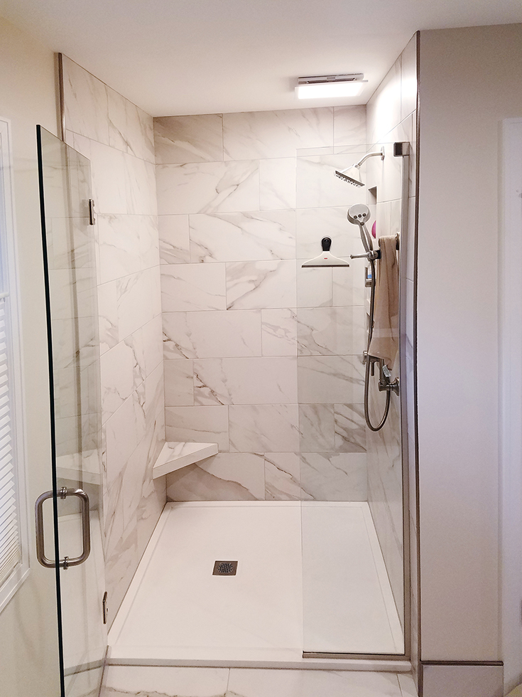 Idea 4 Custom sized solid surface cultured granite shower pan Innovate Building Solutions #LaminateWalls #ShowerRemodel #Remodeling #DIYShowerRemodel