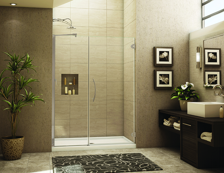 Question 1 in line alcove shower with a pivoting frameless glass door | Innovate Building Solutions #alcoveshower #Showerdoor #Framelessshower