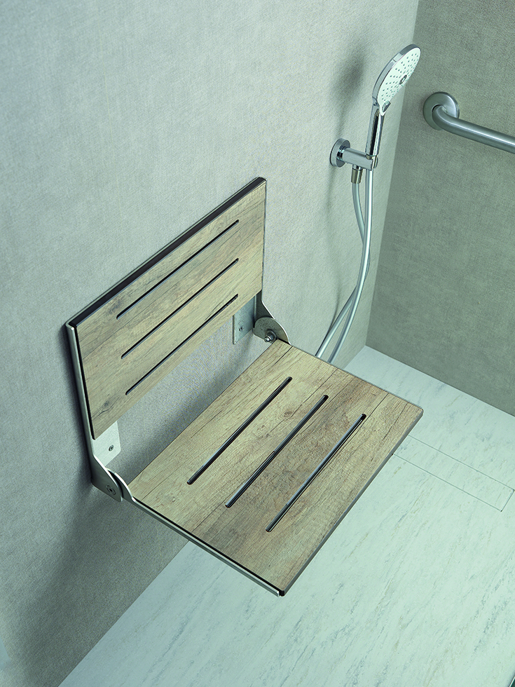 Question 12 weathered faux teak fold down shower seat Innovate Building Solutions #ShowerSeat #Folddownseat #bathroomseat #Showerseat