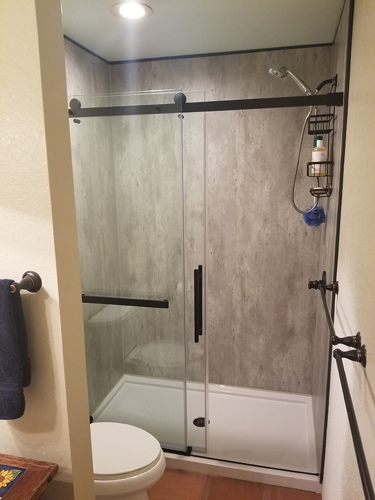 Question 13 sliding bypass shower door with a toilet in front | Innovate Building Solutions #Bypass #ShowerDoor #bathroomRemodel