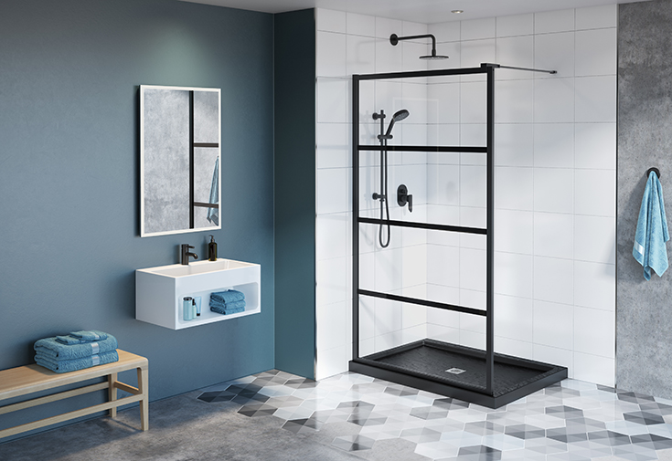 Question 2 Factor 1 fixed glass walk in shower with matte black finish | Innovate Building Solutions #glasswall #Matteblackaccent #WhiteBathroom