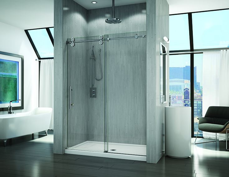 Advantage 8 thicker barn door style brushed nickel shower door Innovate Building | Innovate Building Solutions #Customglass #ShowerDoor #Thickglass