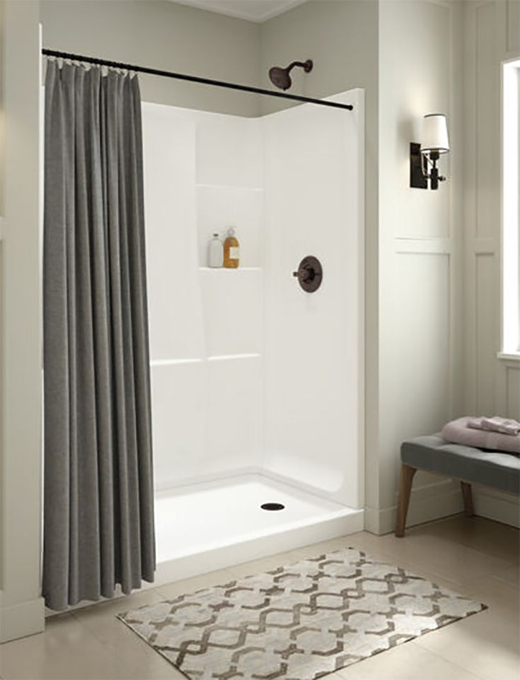 Pro 2 alcove shower with curtains credit www.deltafaucet.com | Innovate Building Solutions # alcovetubshower #showeralcoveinsert #alcoveshowerkit
