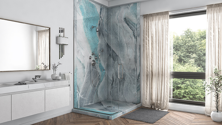 Pro 2 corner shower rectangular corner shower with PVC wall panels | Innovate Building Solutions # twowallshower #cornershowercaddy #cornershowerkit