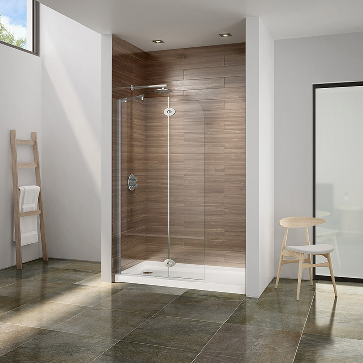 Pro 4 alcove shower pivoting shower shield in a contemporary bathroom | Innovate Building Solutions #ShowerPan #ShowerCurtain #AlcoveShowerDoor #Framelessshowerdoor