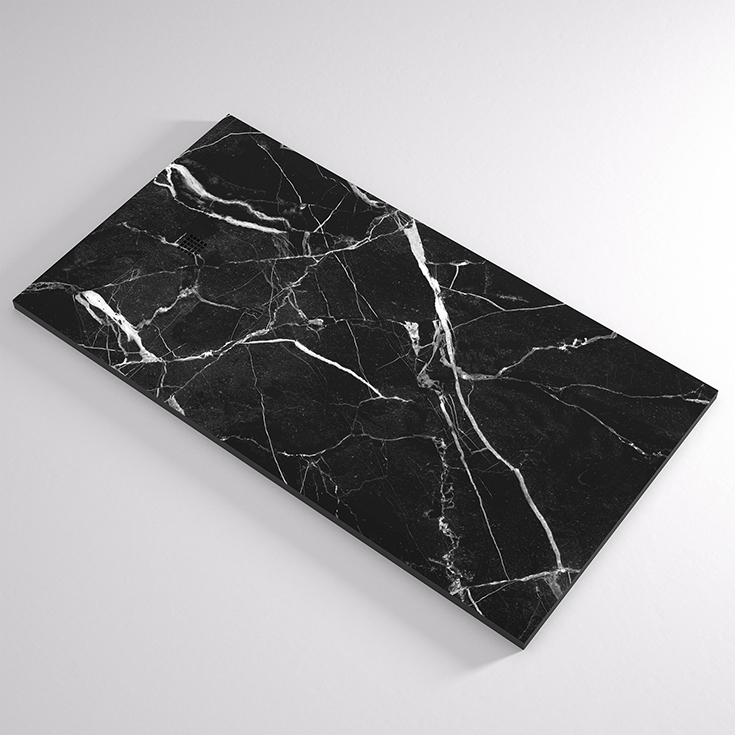 Advantage 2 reversible shower pan in black marble disappearing strainer cover | Innovate Building Solutions #BathroomShower #ShowerBase #MarbleShowerBase #CustomBase
