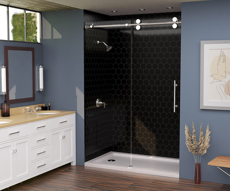 FAQ 5 black hexagon laminate shower wall panels in an alcove shower Innovate Building Solutions | Innovate Building Solutions #AlcoveShower #LaminateShowe #WallPanels #BathroomRemodel