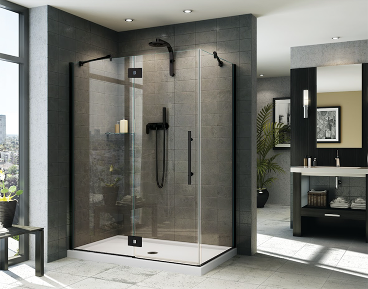 FAQ 7 Idea 1 thick frameless corner shower with a pivoting door matte black finish | Innovate Building Solutions | #Framelessdoor #Glassdoor #CornerShower Pivoting Door