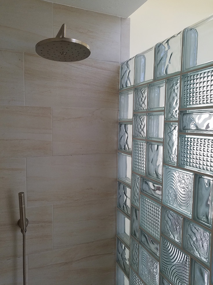 FAQ 7 Idea 3 multi pattern glass block shower wall | Innovate Building Solutions #Multipattern #Glassblock #ShowerWallGlass