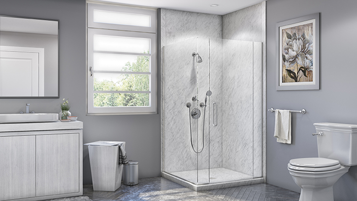 Pro 2 PVC low profile shower pan with matching grout free corner shower wall panels | Innovate Building Solutions #Lowprofile #ShowerPan #PVCWallPanels