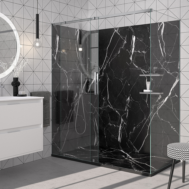 Pro 2 matte black marble stone low profile shower pan | Innovate Building Solutions #LowProfile #ShowerPan #BlackMarbleBase