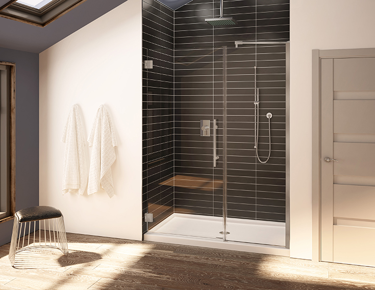 Solution 7 pivot shower door in a Innovate Shower Kit program | Innovate Building Solutions #Pivotshower #ShowerKits #BathroomRemodel
