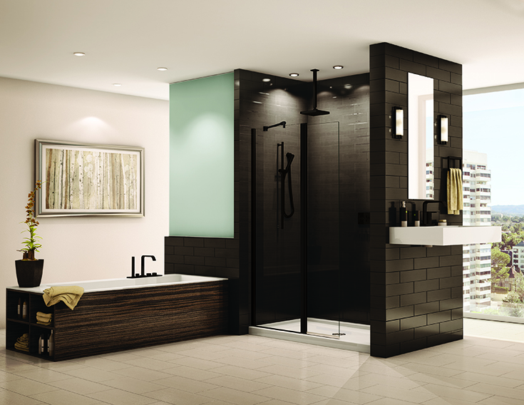 Con 2 matte black pivoting walk in shower screen Innovate Building Solutions #Glassdoors #MatteblackDoor #Glassframelessdoor 