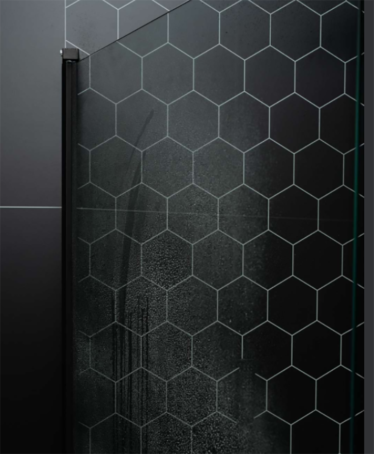 Pro 5 black hexagon laminate shower wall panels matte black trim | Innovate Building Solutions #Blackhexagon #Showerpanels #waterproofbathroompanels