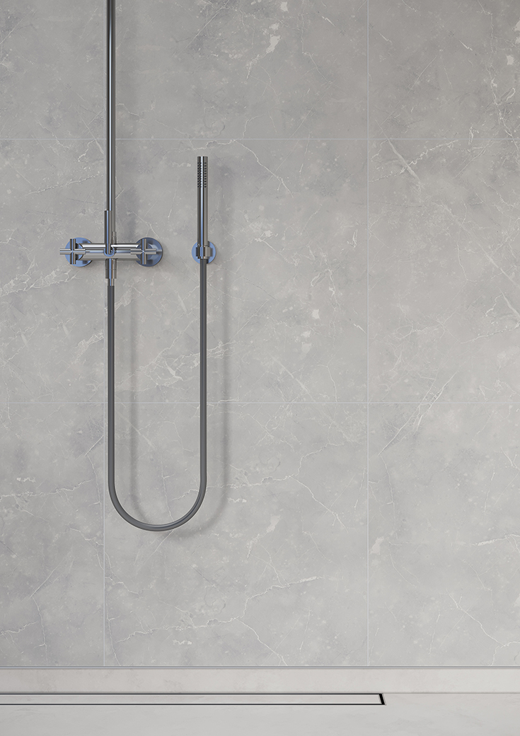 Factor 6 stylish silver gray marble laminate shower wall panels in a shower replacement kit | Innovate Building Solutions #Laminatewallpanels #SilverGreymarble #StylishBathroom