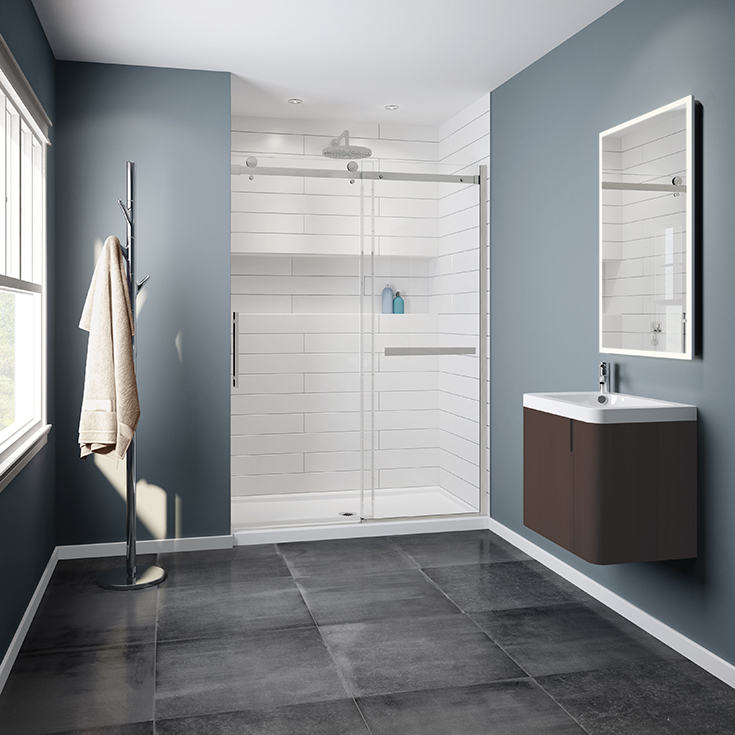 Feature 5 tall and heavy sliding shower doors in an alcove shower replacement kit | Innovate Building Solutions #Luxuryshower #ShowerKits #CustomGlassdoors