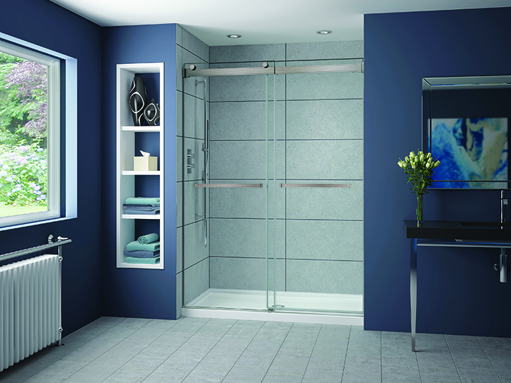 Item 2 a 79 inch high brushed nickel bypass shower door in a high quality shower kit | Innovate Building Solutions #ShowerDoor #ShowerKit #ShowerGlassDoors