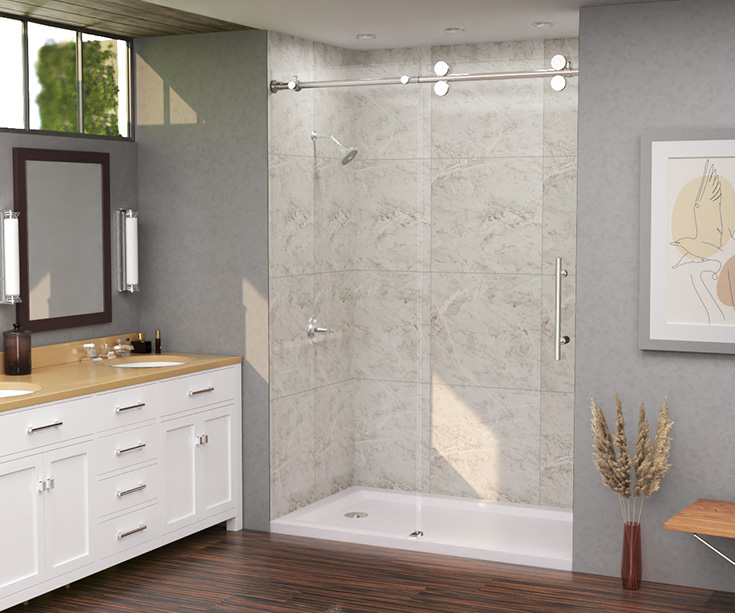 Reason 4 short - grout free white marble 24 x 24 laminate shower wall panels | Innovate Building Solutions #WhiteMarble #Laminatewallpanels #Glassshowerdoor