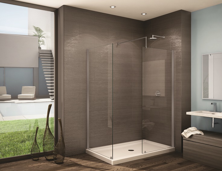 Design factor 5 corner fixed glass walk in shower pan and glass | Innovate Building Solutions #GlassShowerEnclosures #GlassShowerDoors #GlassShowerWalls