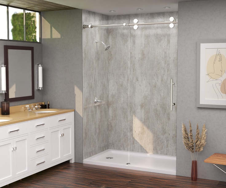 Design factor 6 complete shower replacement kit cracked cement wall panels | Innovate Building Solutions #ShowerReplacementKits #ShowerGlassDoor #LaminatedShowerWalls