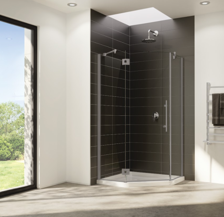Factor 1 design option 3 NEO angle frameless brushed nickel shower system | Innovate Building Solutions #ShowerRemodel #BathroomRemodel #ShowerDoors