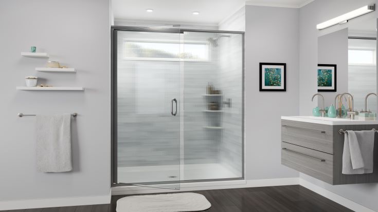 Factor 5 obscure glass swinging french semi-frameless shower doors | Innovate Building Solutions #GlassShowerDoors #GlassBlockShowerWalls #ShowerDoors