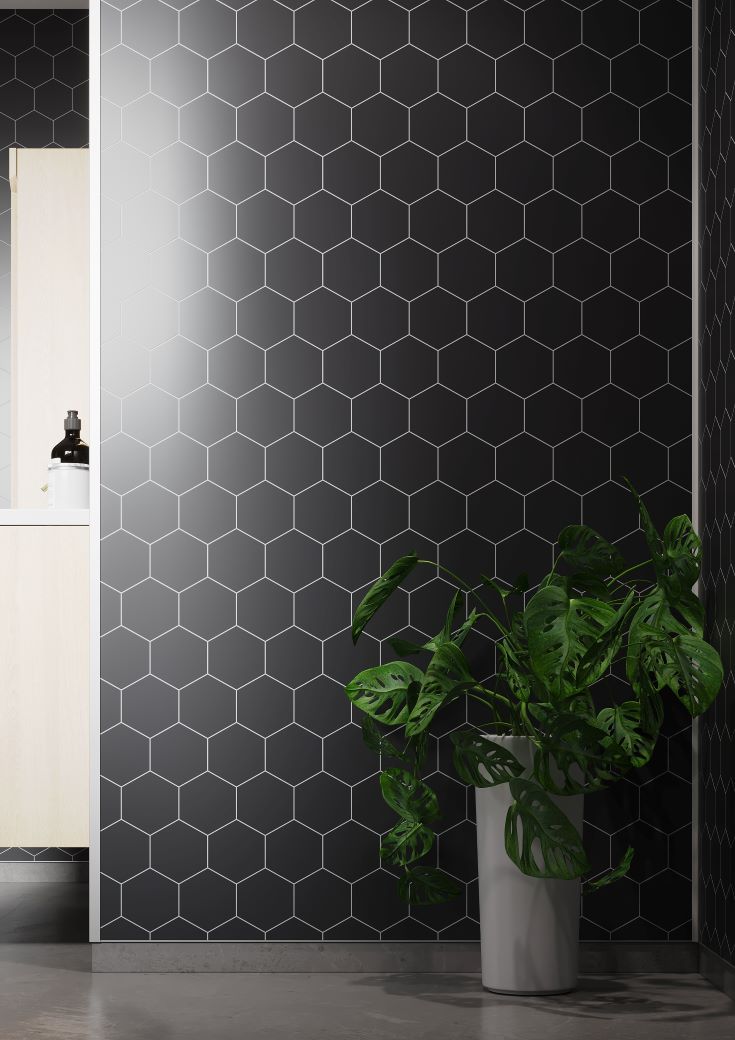 Idea 6 black hexagon laminate shower panels ceiling innovate building solutions #LaminatedWallPanels #BlackHexagon #ShowerWalls