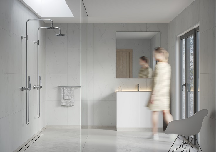 Trend 3 - white marble laminate shower wall panels | Innovate Building Solutions #MarbleWallPanels #ShowerWallPanels #BathroomRemodel