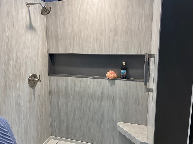 Trend 7 57 inch recessed niche powder coated in a grout free shower | Innovate Building Solutions #ShowerNiche #ShowerAccessories #ContemporaryShowerAccessories
