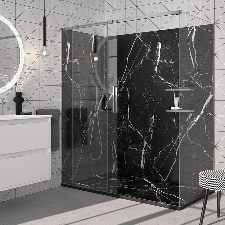 Trend 9 black marble low profile shower pan | Innovate Building Solutions #LowProfileShowerPan #ShowerPan #ShowerBases