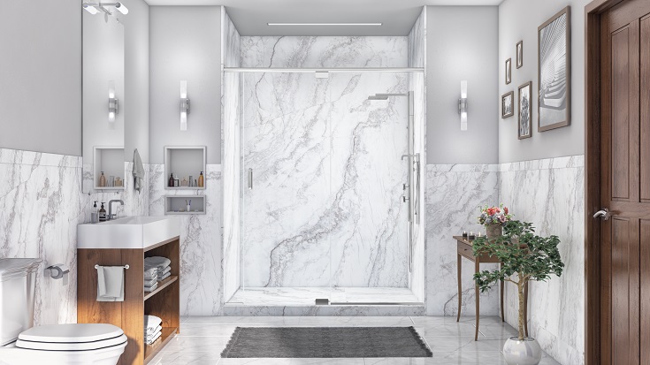 Tip 6 option 3 white pearl PVC DIY shower panels | Innovate Building Solutions #PVCShowerWalls #ShowerRemodel #BathroomRemodel