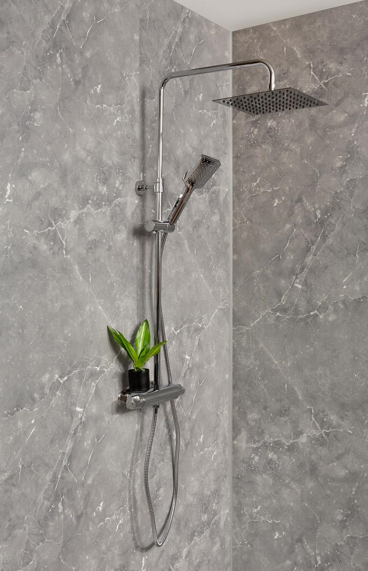 Tip 7 sliver gray laminate wall panels in 8 foot ceiling | Innovate Building Solutions #LaminatedShowerWalls #AlcoveShowerKit #ShowerReplacementKit