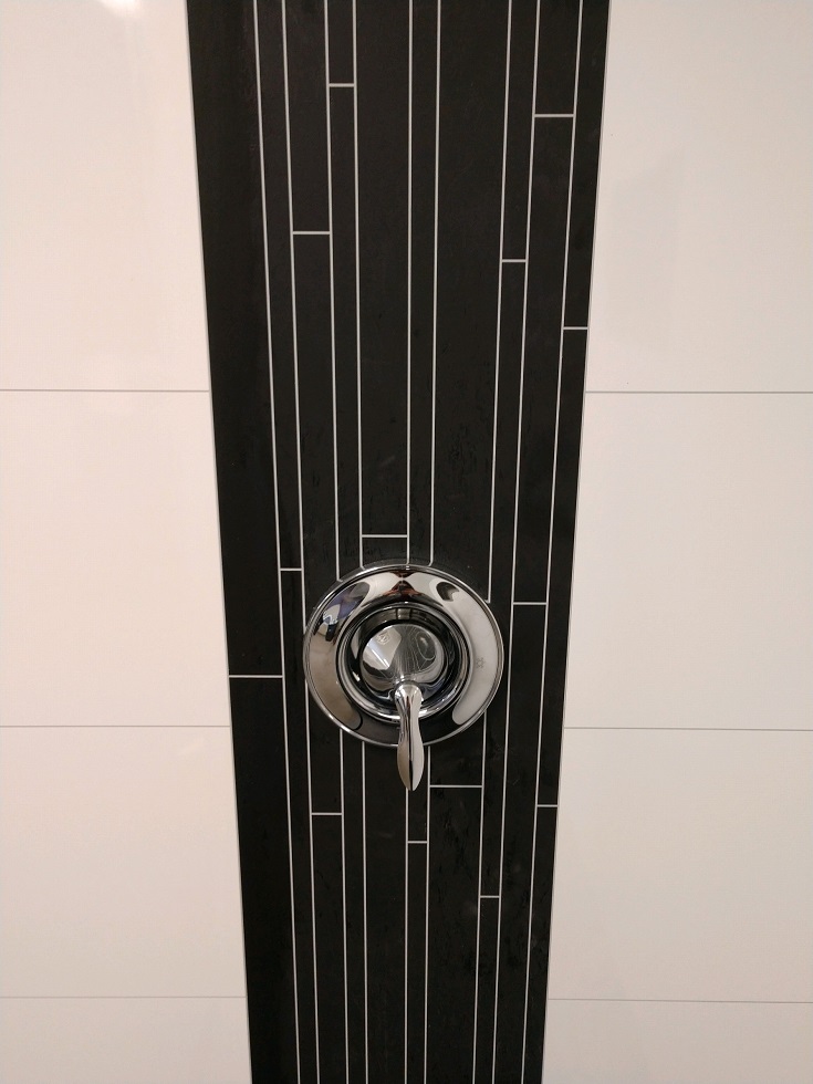 Reason 6 realistic laminate shower wall panels vertical black accent | Innovate Building Solutions #LaminatedWallPanels #LaminatedShowerWalls #NoGrout