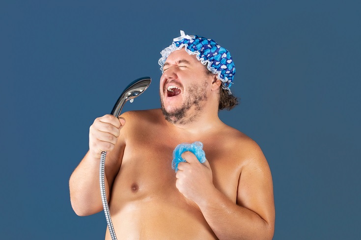 Funny fat man in blue cap sing in the shower | Innovate Building Solutions #ShowerRemodel #BathroomRemodel #ShowerGlassDoors