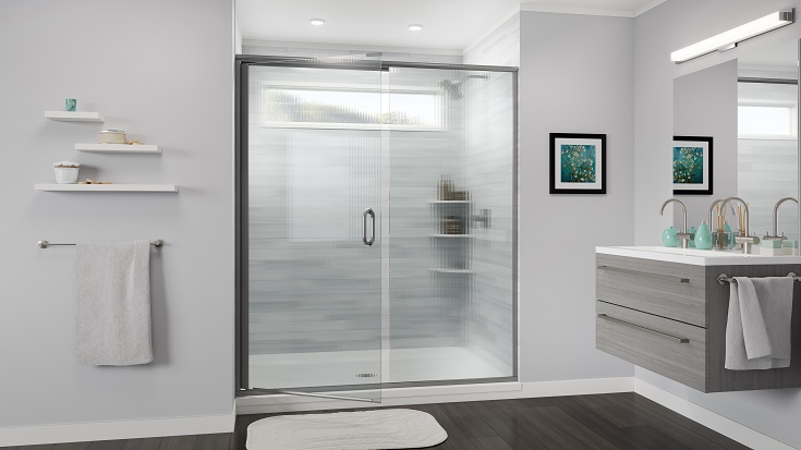 Idea 10 thinner semi-frameless pivoting glass shower door with obscure glass | Innovate Building Solutions #ShowerDoors #ShowerRemodel #BathroomRemodel