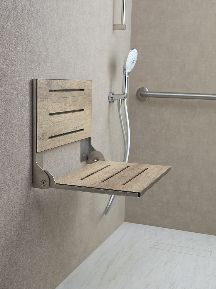Idea 12 faux teak fold contemporary fold down shower seat | Innovate Building Solutions #ShowerRemodel #ShowerSeat #ShowerAccessories