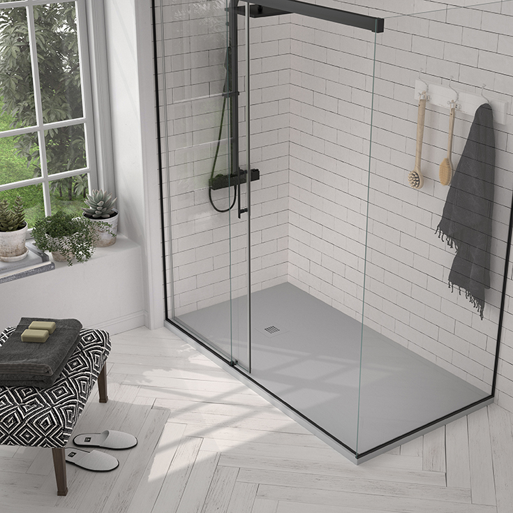 Idea 3 low profile matte gray solid surface shower pan | Innovate Building Solutions #LowProfileBase #StoneShowerBase #ShowerPan