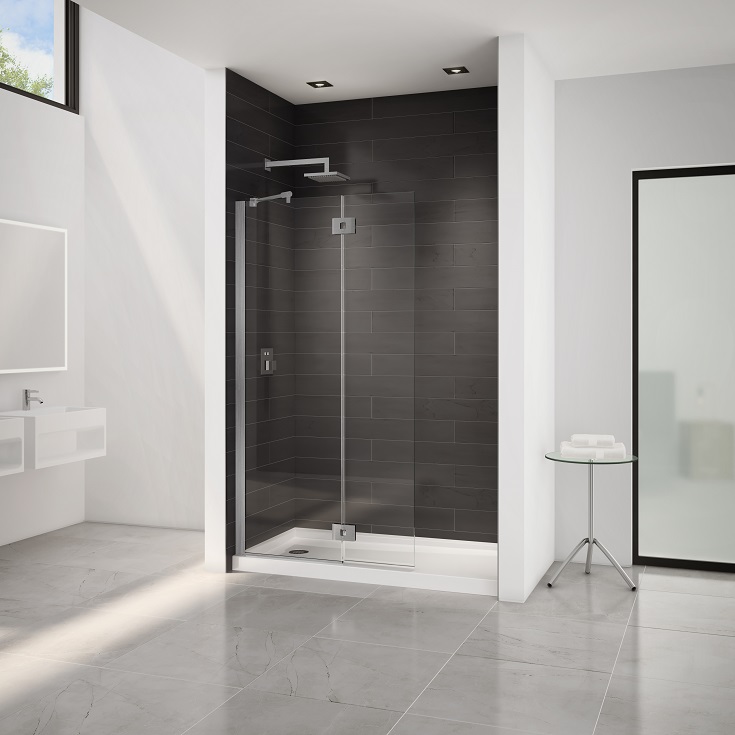 Pro 7 matte nickel shower shield in a 60 inch alcove shower replacement | Innovate Building Solutions #BrushNickelHardware #MatteNickelHardware #BathroomRemodel
