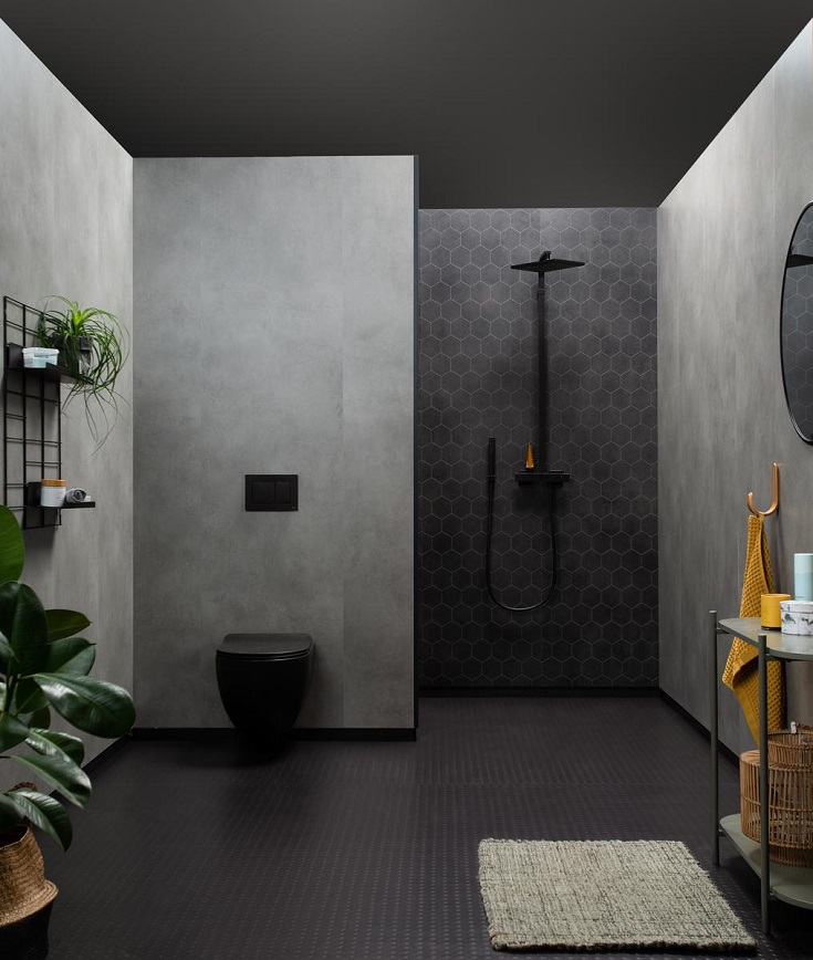 Tile pattern 5 black hexagon laminate wall panels | Innovate Building Solutions #LaminatedShowerWallPanels #BlackHexagonWallPanels #TileNoTileShowerWallPanels